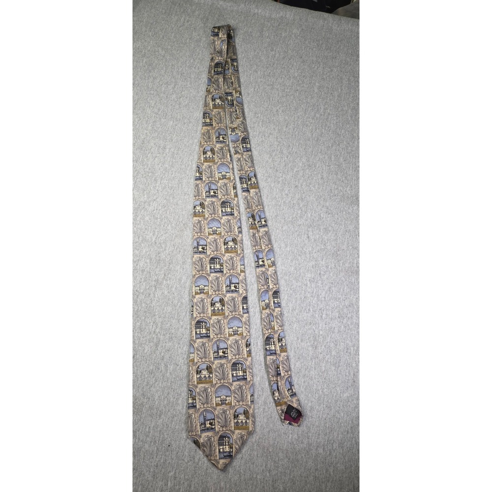 Structure Mens Silk Tie Architectural Venice Italy Print Blue Tan Made in USA